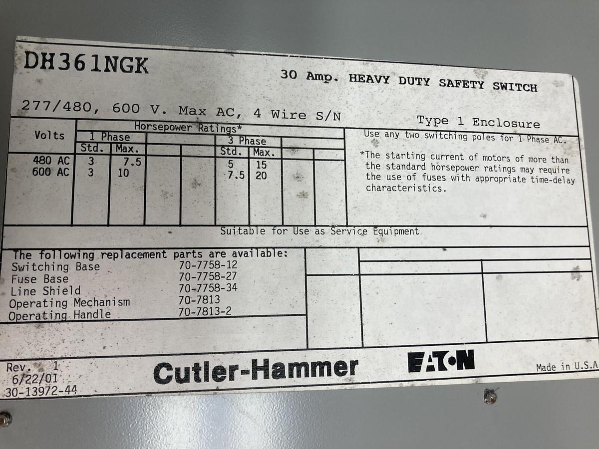 Used Cutler-Hammer,DH361NGK,Heavy Duty Safety Switch 30A 600V