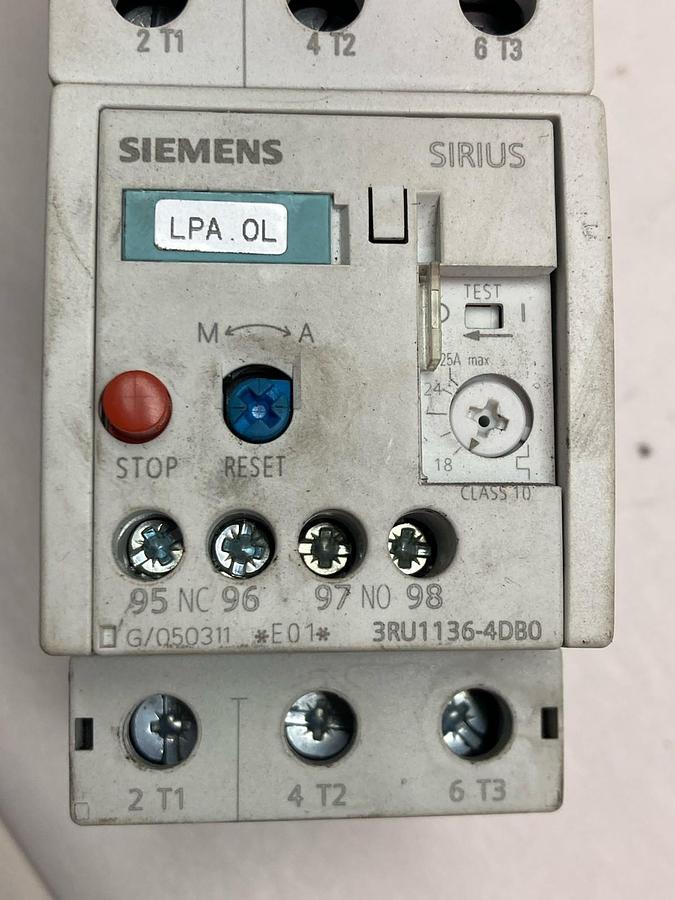 Used Siemens,3RT1033-1B..0,Contactor w/3RU1136-4DB0 Module 50/60Hz 690V