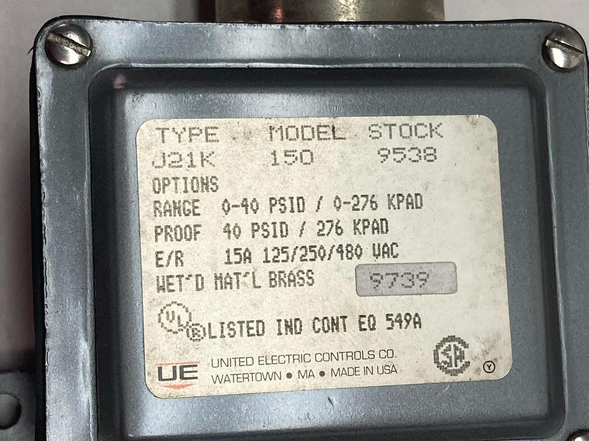 Used United Electric,Model 150,Pressure Switch Type J21K 0-40 PSID 15A