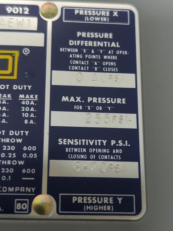 SQUARE D,AEW1,CLASS 9012 PRESSURE DIFFERENTIAL SWITCH NOS