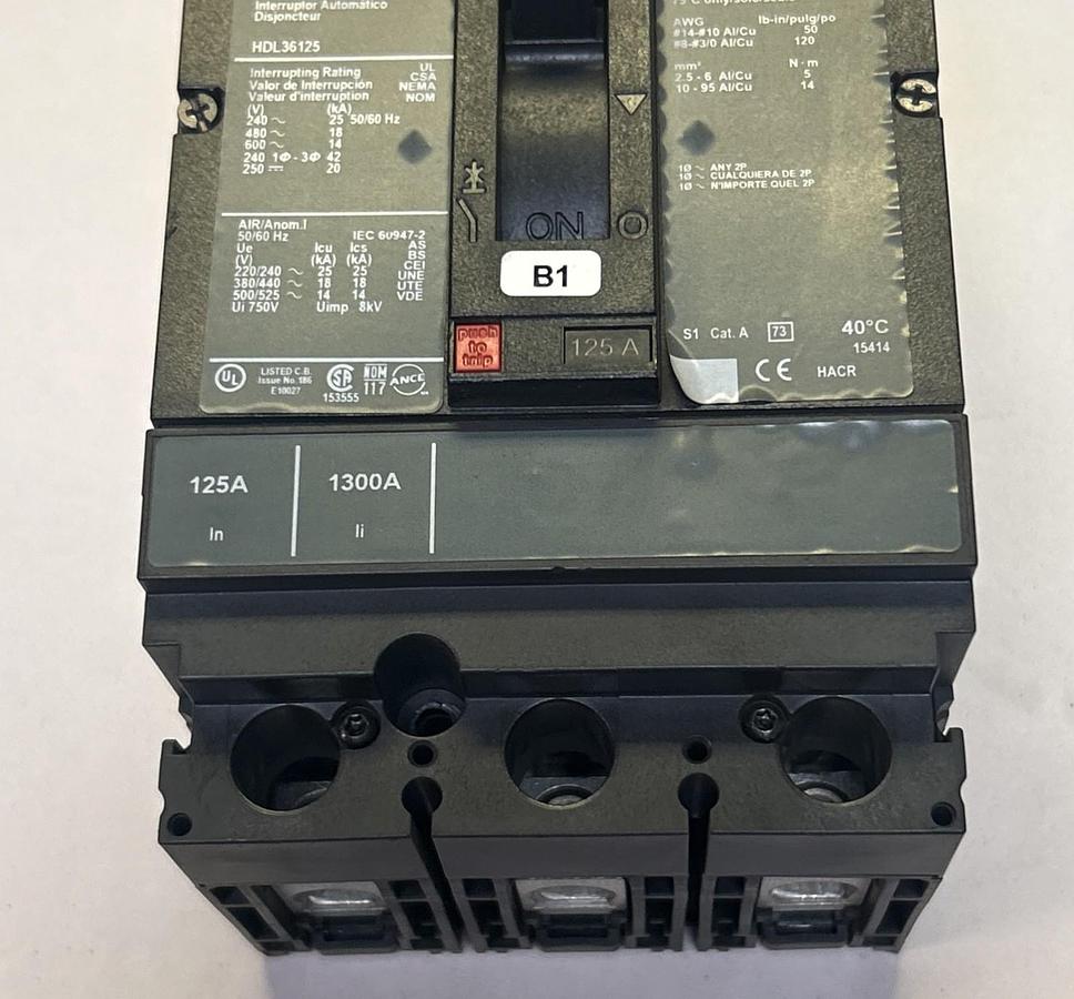 Used SQUARE D,HDL36125,CIRCUIT BREAKER 125A 600V 3P