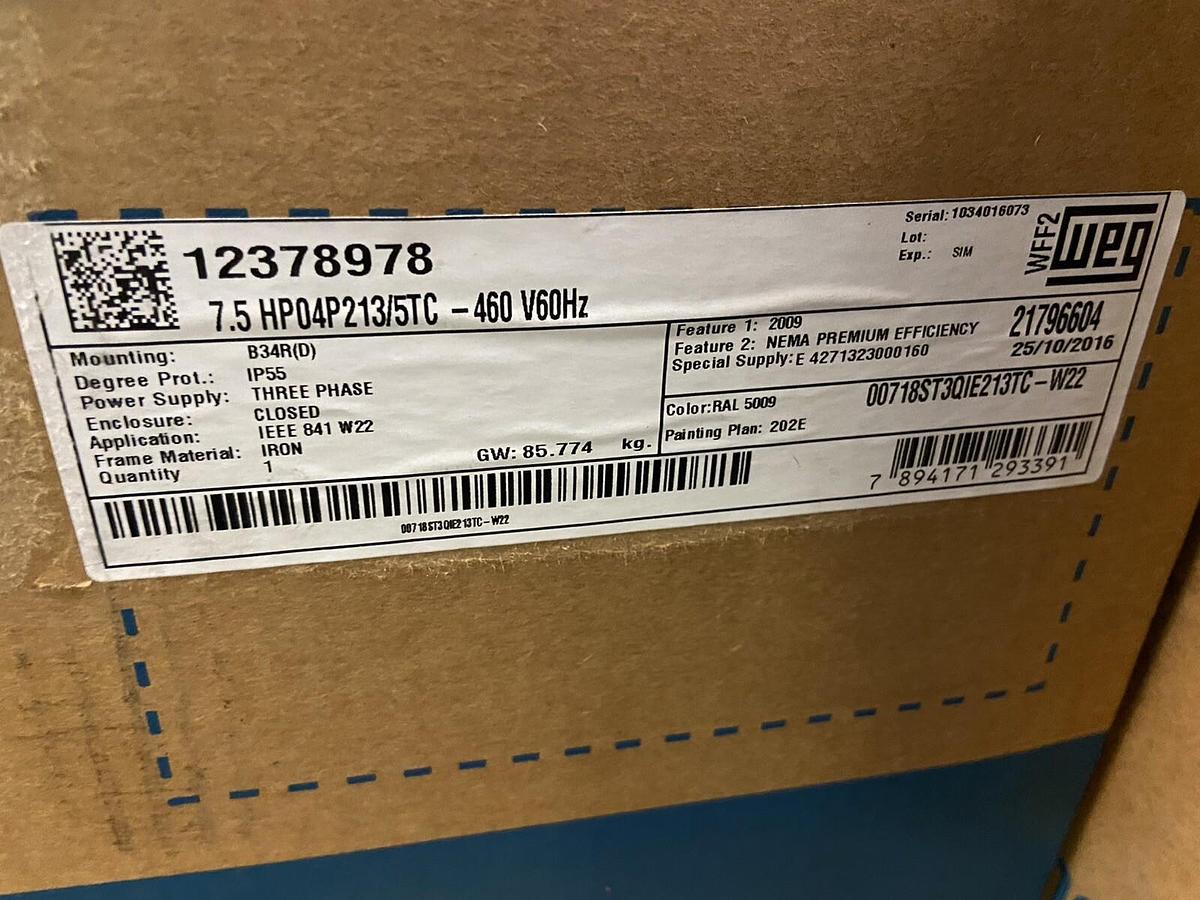 Used WEG,00718ST3QIE213TC-W22,7-1/2Hp Motor 1765RPM 460V Fr 213/215TC
