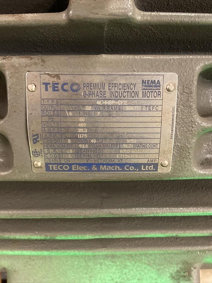 Used Teco,4EHH8P-CF2 22kW,30Hp Induction Motor 326TC 480V 1175RPM