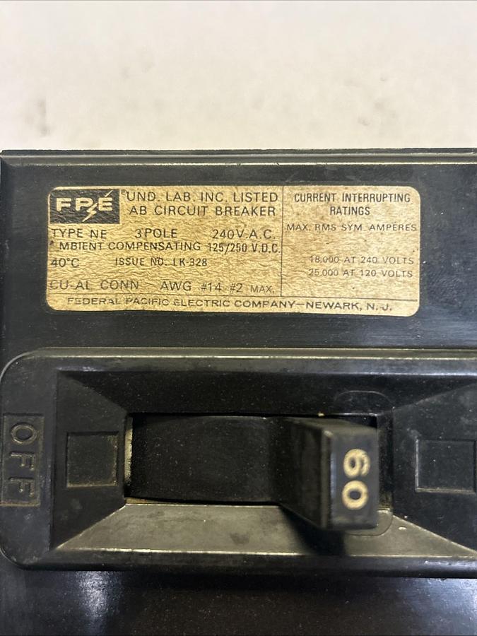 Used FEDERAL PACIFIC,NE360,CIRCUIT BREAKER 60A 240V 3P