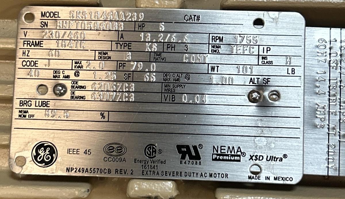 GENERAL ELECTRIC,5KS184SAA239,MOTOR 5HP 1755RPM 230/460V 184TC FRAME NOS