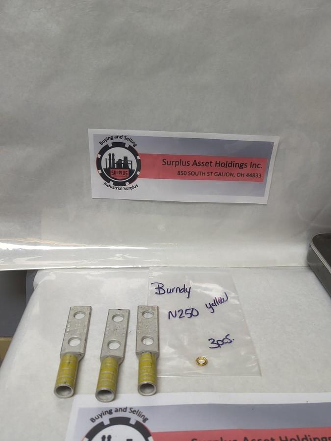 BURNDY,N250,COMPRESSION LUG 2-HOLE 250 KCMIL YELLOW DIE 16 LOT OF 3 NOS