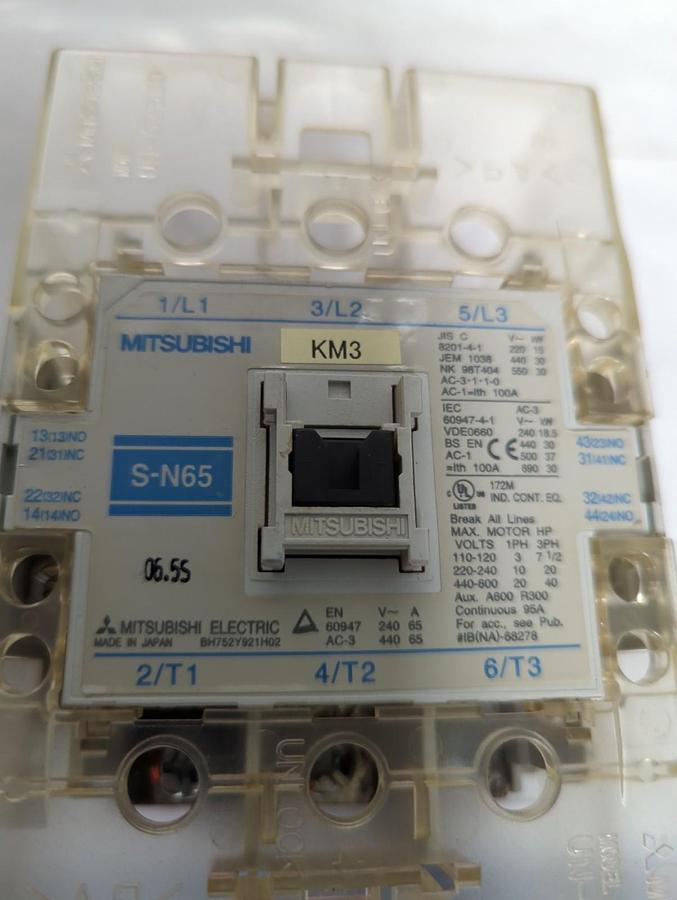 Used MITSUBISHI,S-N65,MAGNETIC CONTACTOR 3-POLE WITH GAURDS PRE-OWNED