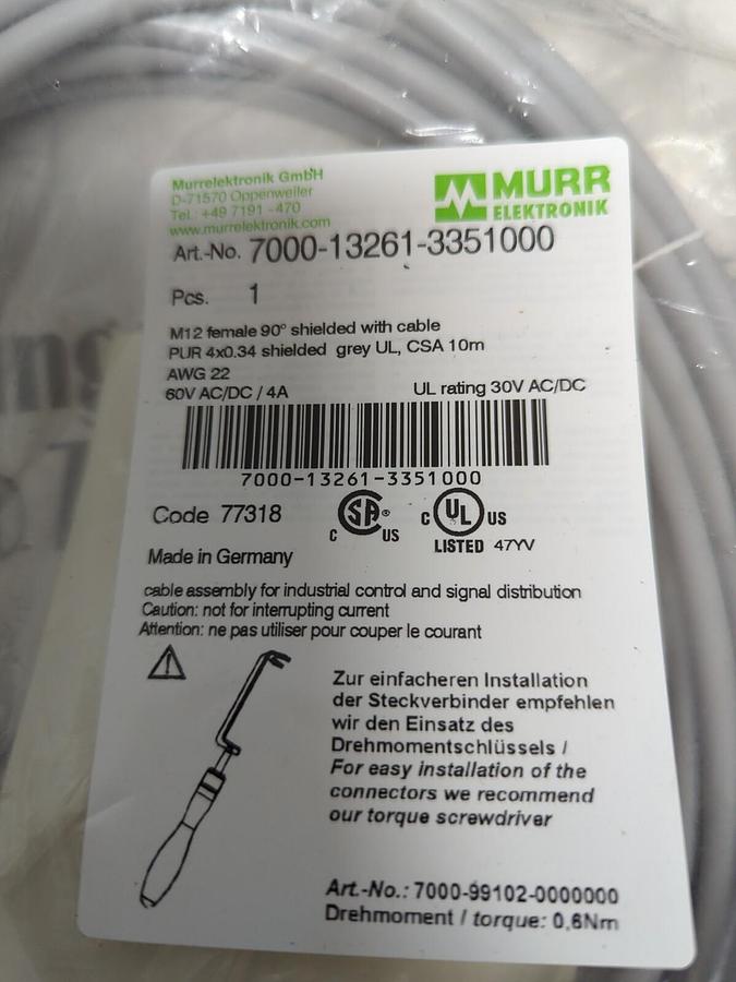 Used MURR ELEKTRONIK,7000-13261-3351000,M12 FEMALE 90° W/ CABLE PUR 4X0.34 1OM AWG 22
