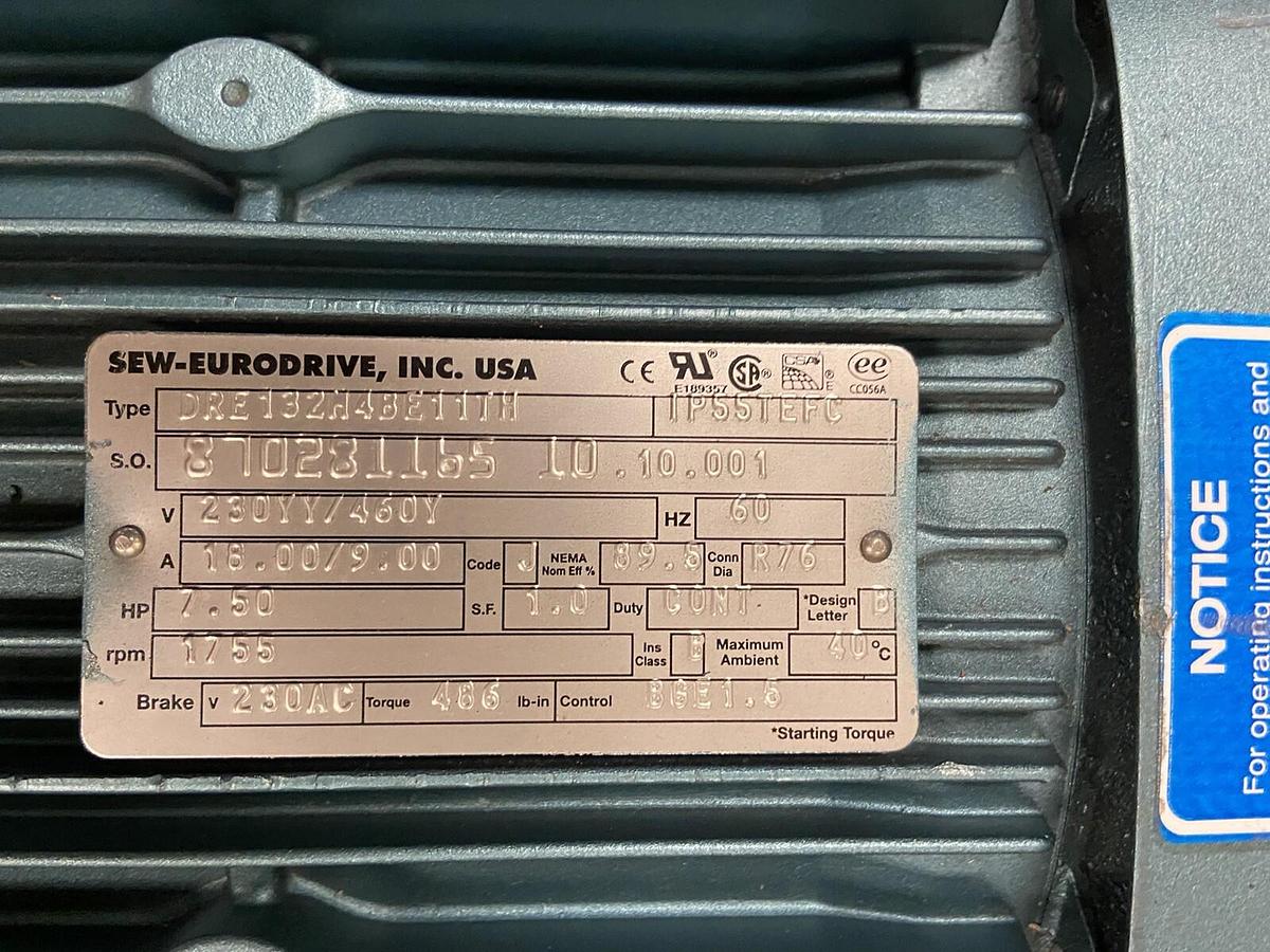 SEW EURODRIVE,R77DRE132M4BE11TH,GEAR REDUCER RATIO 7.74 7.5HP