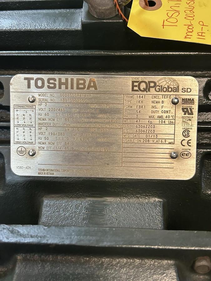 Used TOSHIBA,0026SDSR41A-P,MOTOR 2HP 230/460V 1170RPM 3PH 184T FRAME
