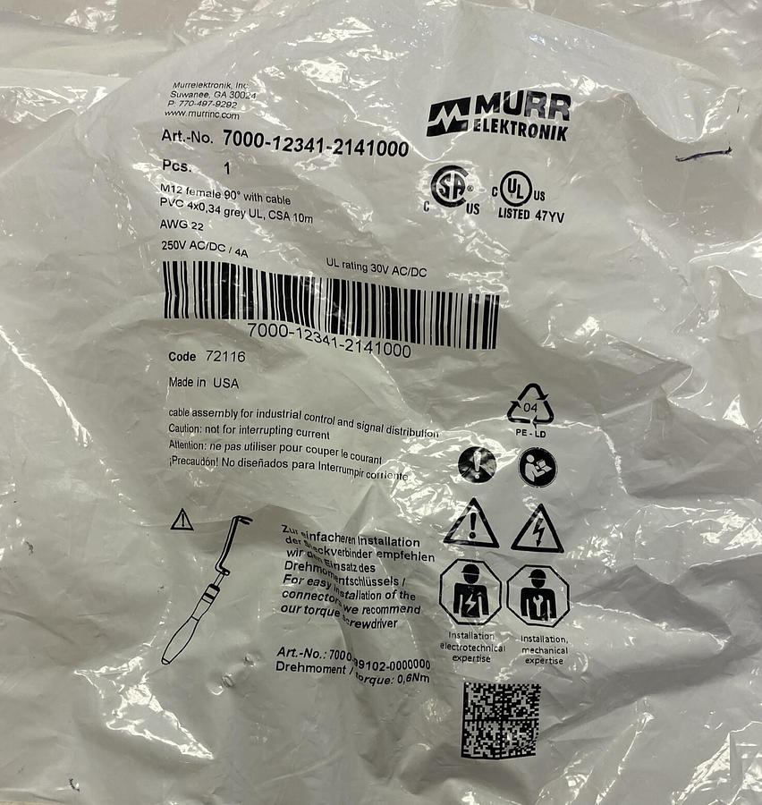 Used MURR ELEKTRONIK,7000-12341-2141000 M12, FEMALE 90 CABLE NEW