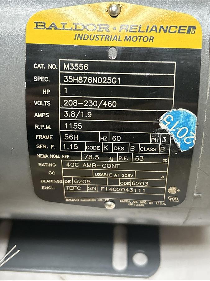 BALDOR,M3556,INDUSTRIAL MOTOR 1HP 1155RPM 460V 3PH 56H FRAME NOS