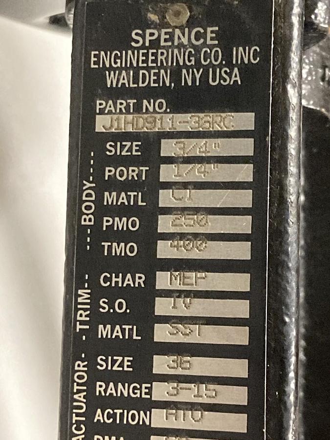 Used Spence Engineering Company,Type J1HD911-36RC,Size 3/4 INCH Valve Port 1/4 INCH