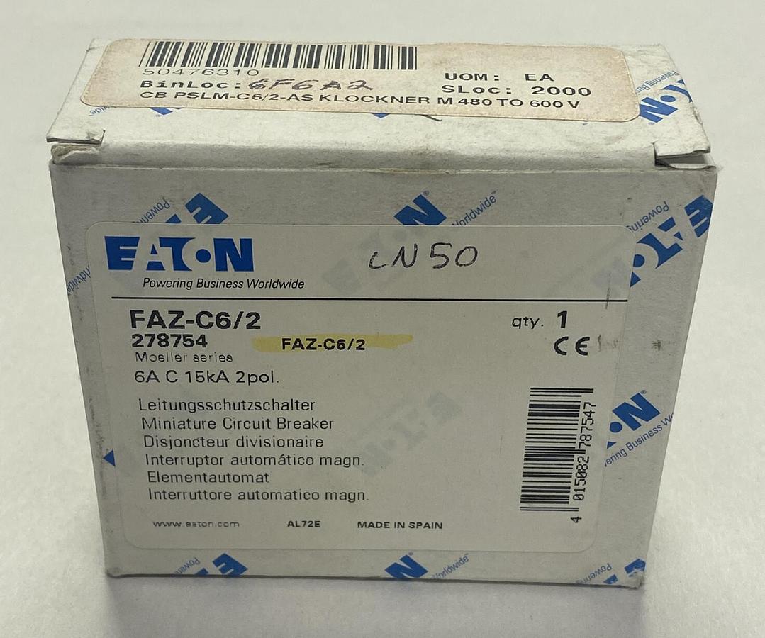 Used EATON,FAZ-C6/2,MINIATURE CIRCUIT BREAKER 6A 2P NEW