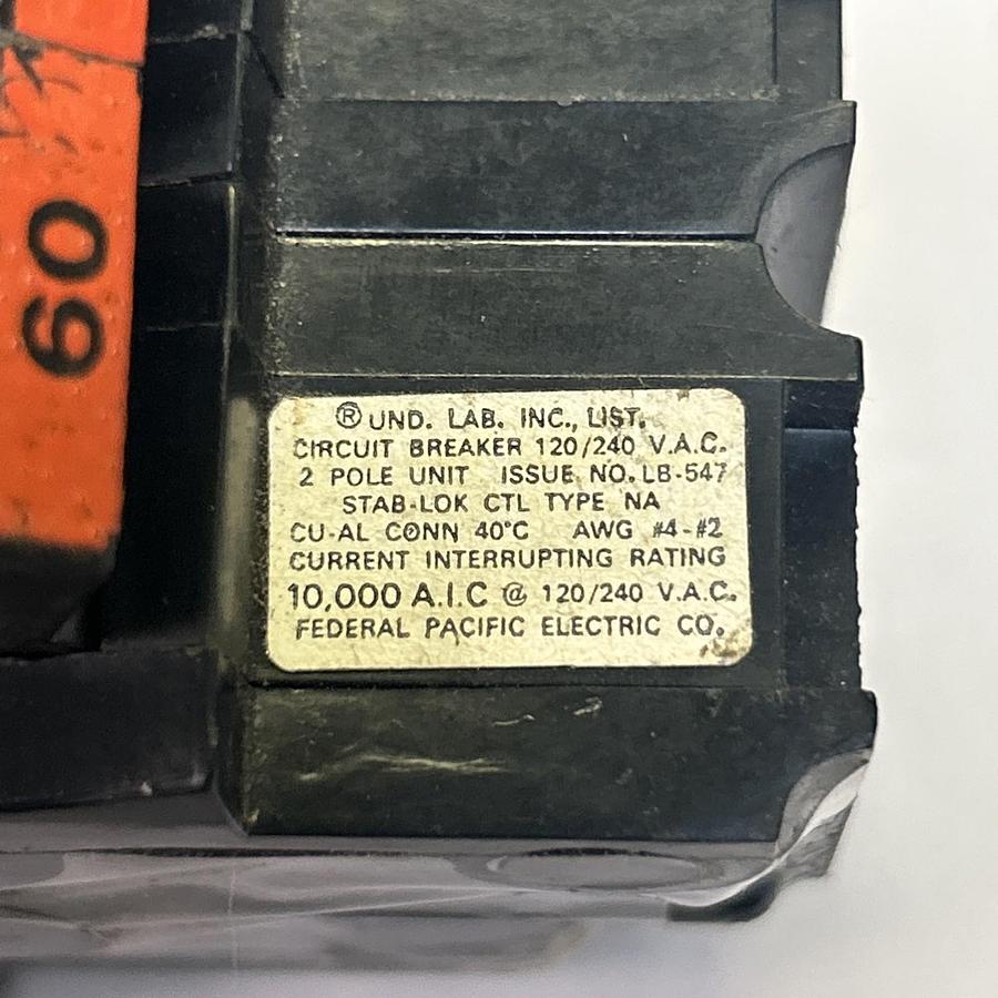 Used FEDERAL PACIFIC,NA260,CIRCUIT BREAKER 60A 120/240V 2P LOT OF 2