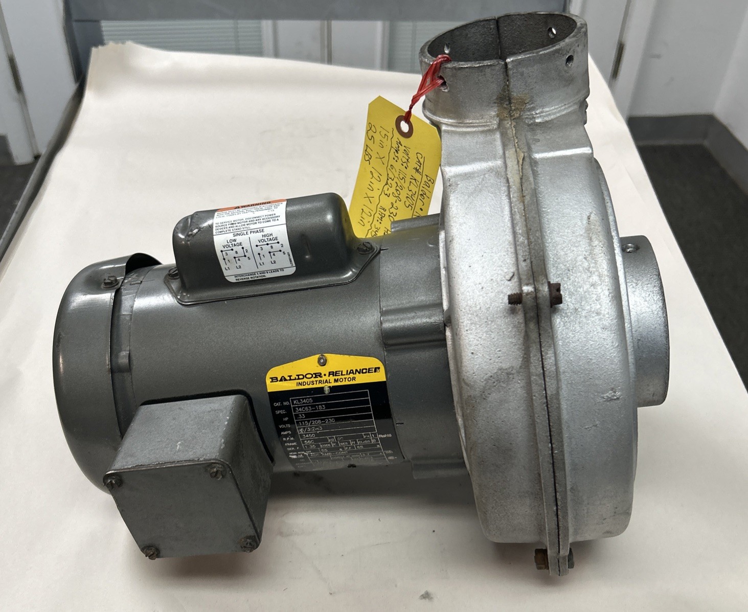 Used BALDOR,KL3405,ELECTRA-KOOL BLOWER 1/3HP 3450RPM 230V 1PH 56C FR