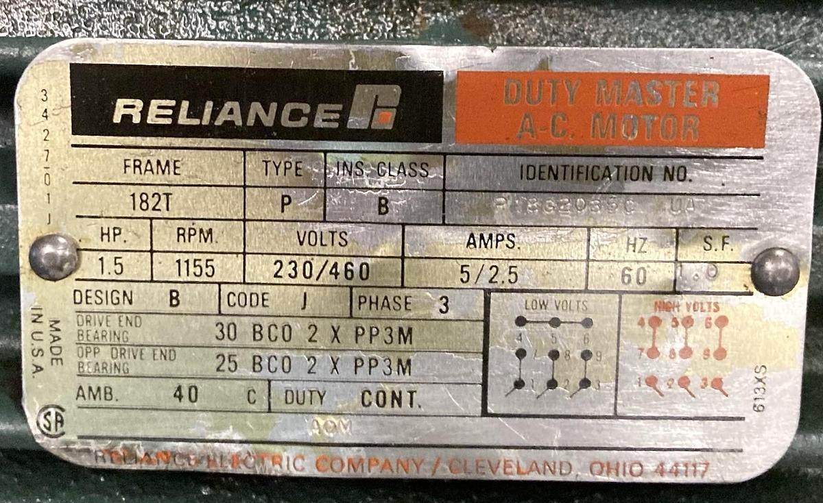 Used Reliance,P18G2035C,3-Phase A-C Motor 1.5HP 1155RPM 230/460V 182T Frame