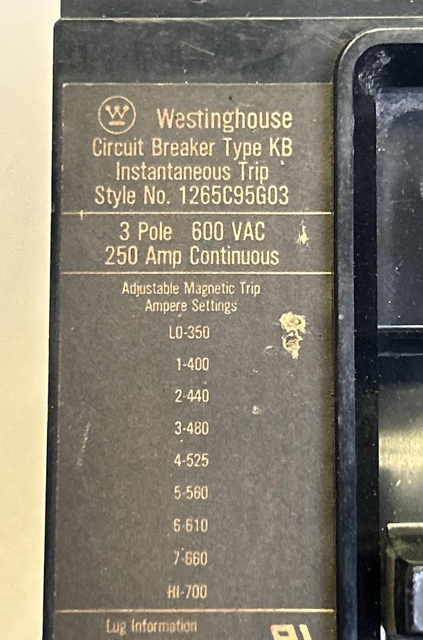 Used WESTINGHOUSE,1265C95G03,CIRCUIT BREAKER 250A 600V 3P