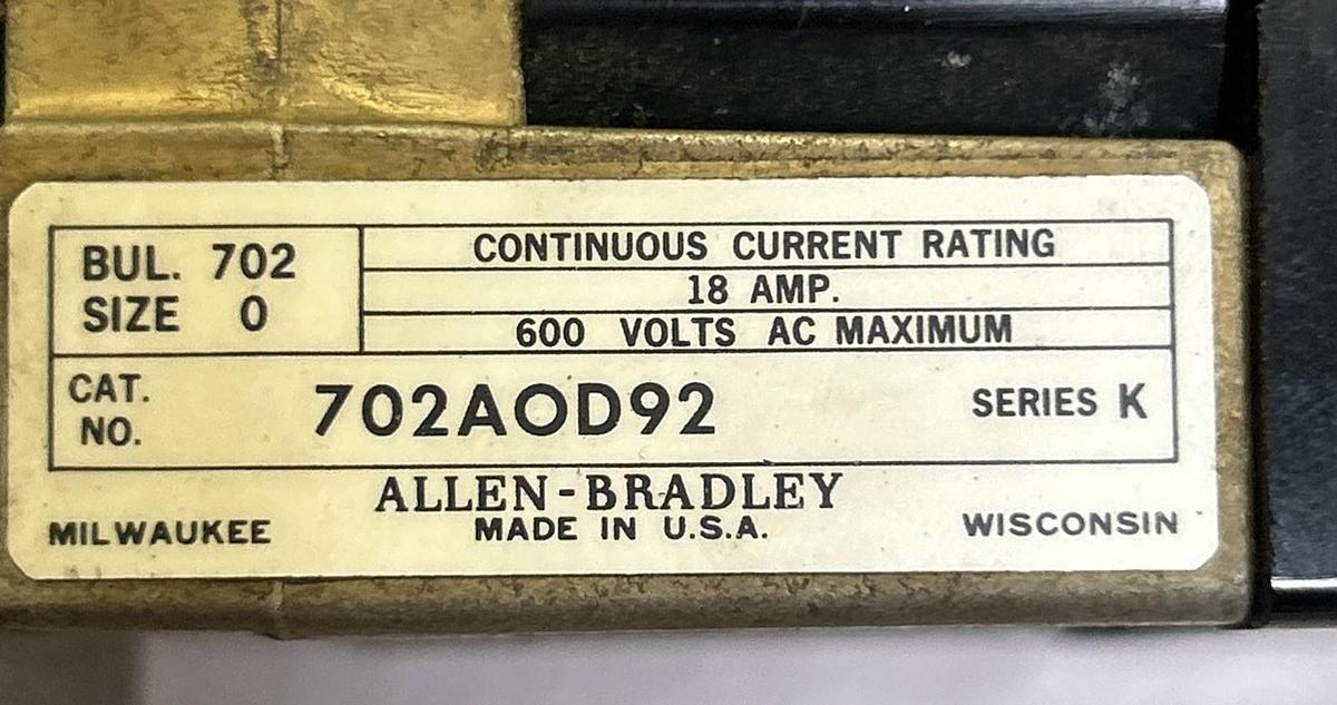 Used ALLEN BRADLEY,702AOD92,CONTACTOR SIZE 0 18A 600V
