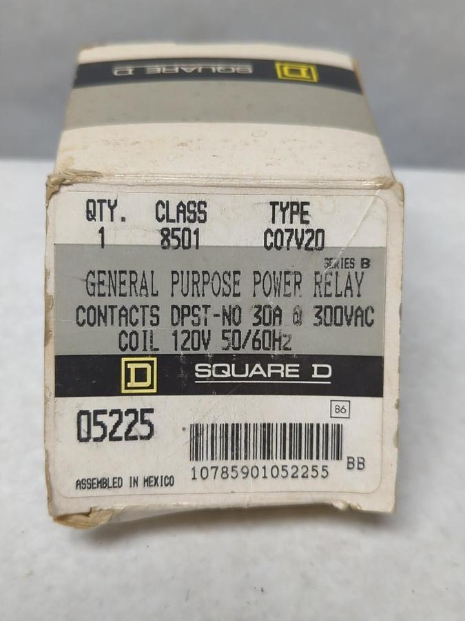 SQUARE D,05225,GEN PURPOSE POR RELAY SER B 30A 300VAC CLASS 8501 TYPE C07V20 NOS
