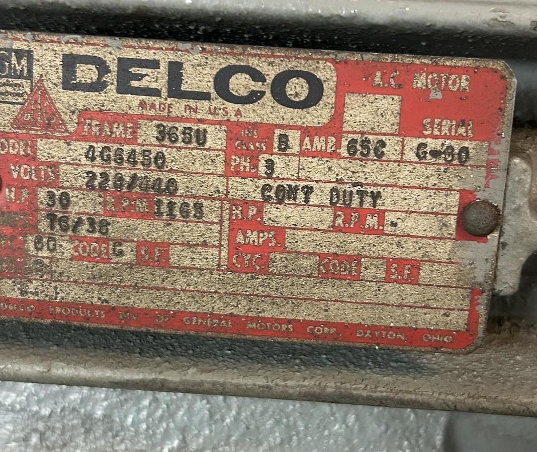 Used DELCO,4G6450,MOTOR 30HP 1165RPM 440V 3PH 365U FRAME
