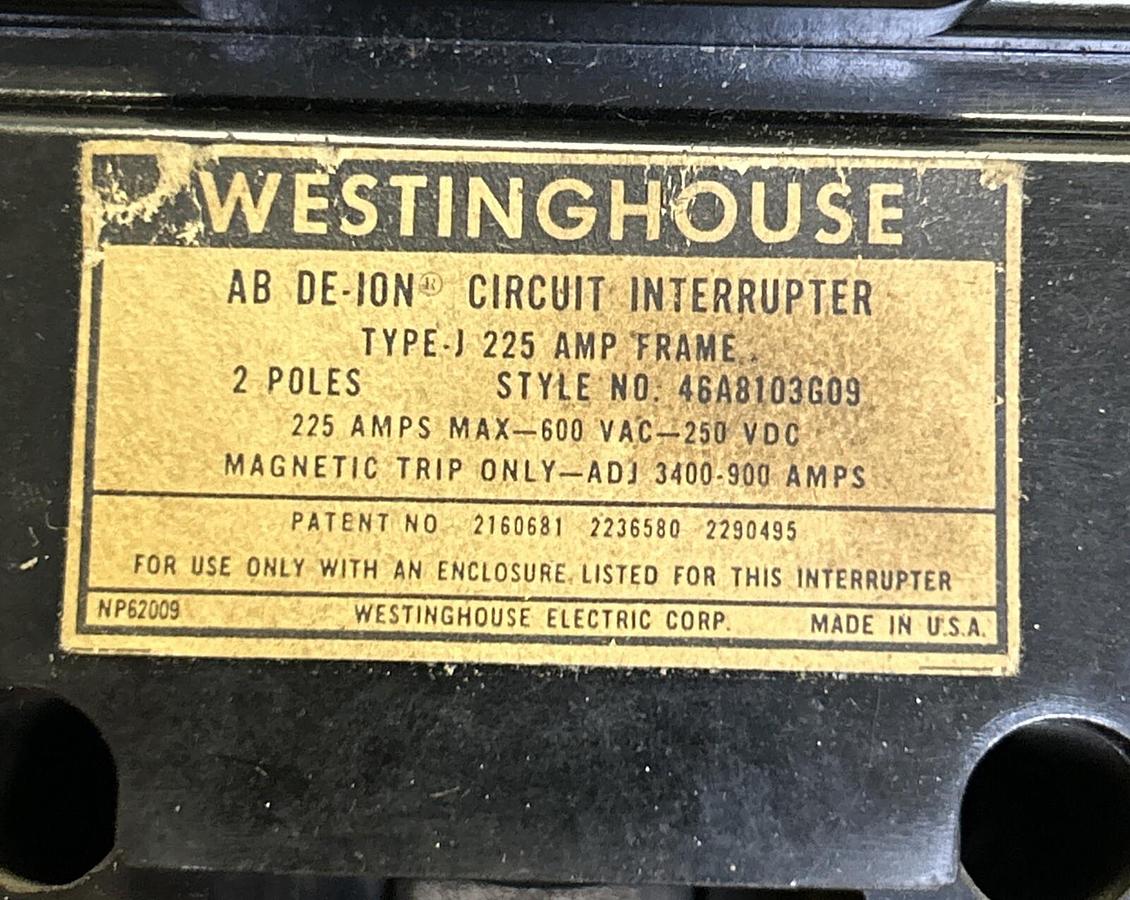 Used WESTINGHOUSE,J3225,CIRCUIT BREAKER 225A 600V 3P