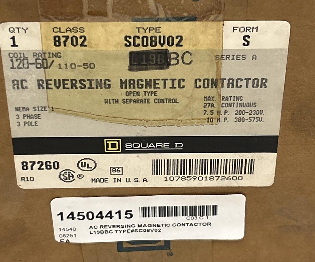 Used SQUARE D,8702SCO8V02S,AC REVERSING MAGNETIC CONTACTOR SIZE 1 NEW