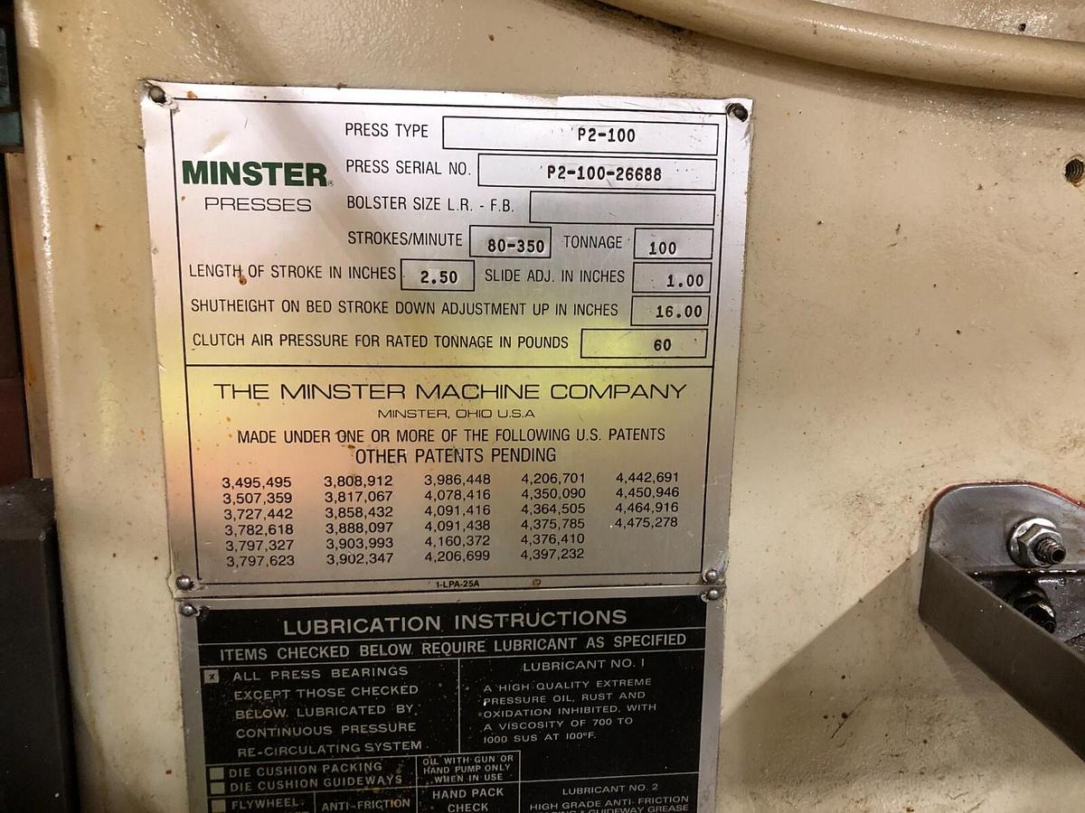 Used 100 Ton Minster P2-100 Piece-Maker Used Metal Stamping Press w/Feed Line