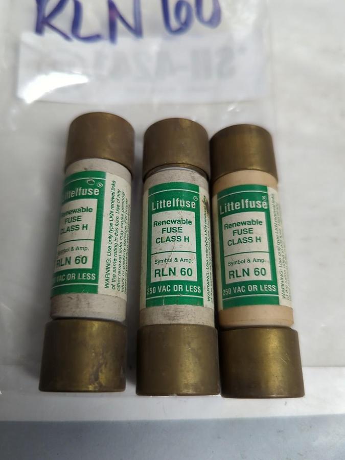 LITTELFUSE,RLN60,RENEWABLE FUSE 60 AMP LOT OF 3 PRE-OWNED