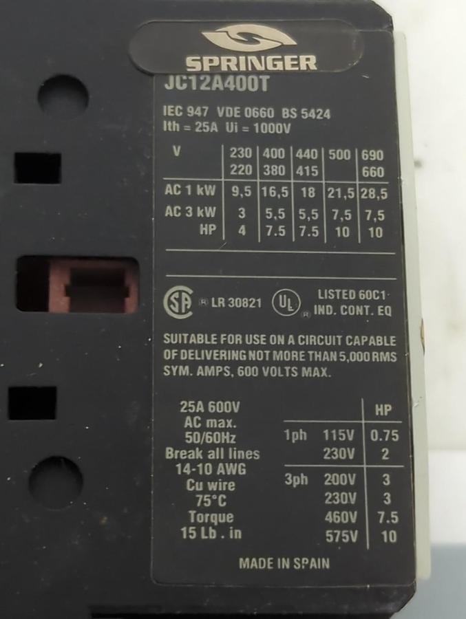 SPRINGER,JC12A4001TJ,CONTACTOR 600V 25A MAX NOS