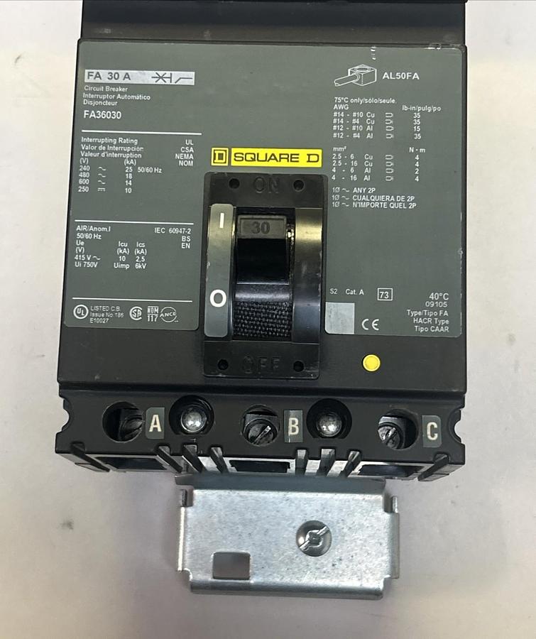 Used SQUARE D,FA36030,I-LINE CIRCUIT BREAKER 30A 600V 3P