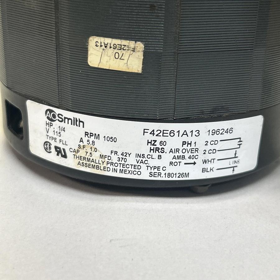 Used AO SMITH,F42E61A13,MOTOR 1/4HP 115V 1050RPM 1PH 42Y FRAME