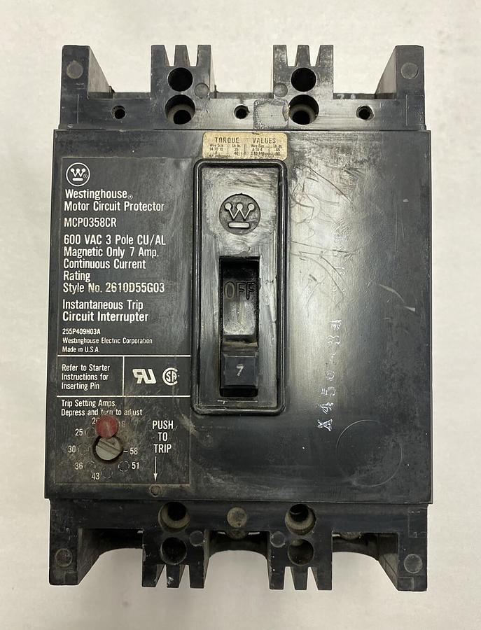 Used Westinghouse,MCP0358CR,Motor Circuit Protector 7 AMP 600V 3 Pole Style 2610D55G0