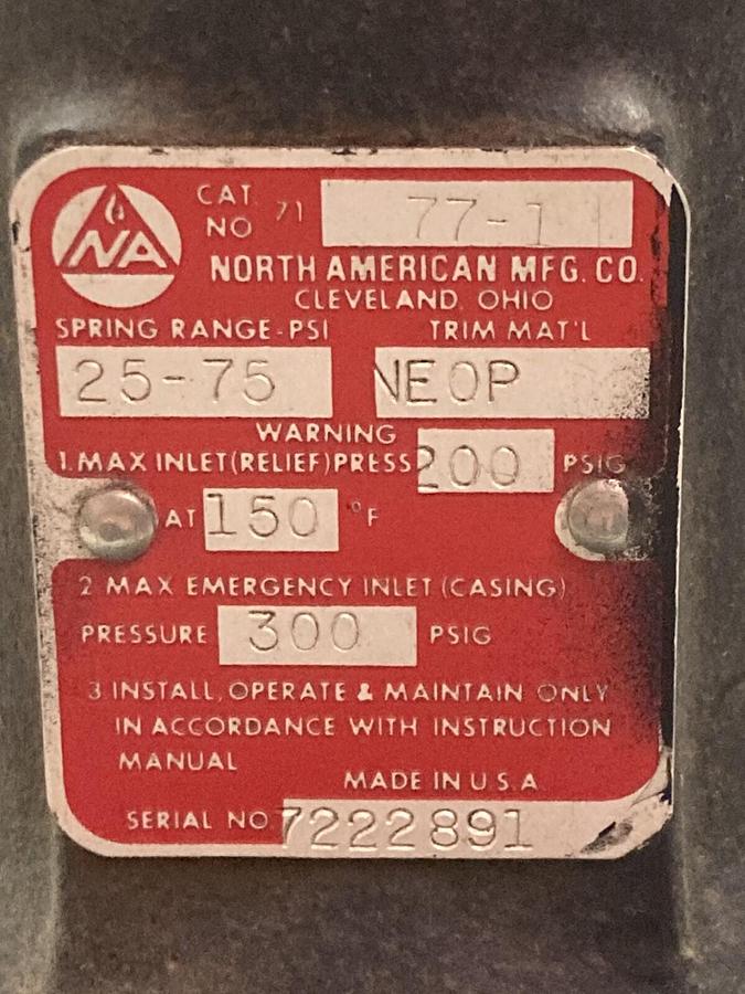 Used North American MFG,71 77-1,Pressure Regulator 25-75 Spring Range PSI