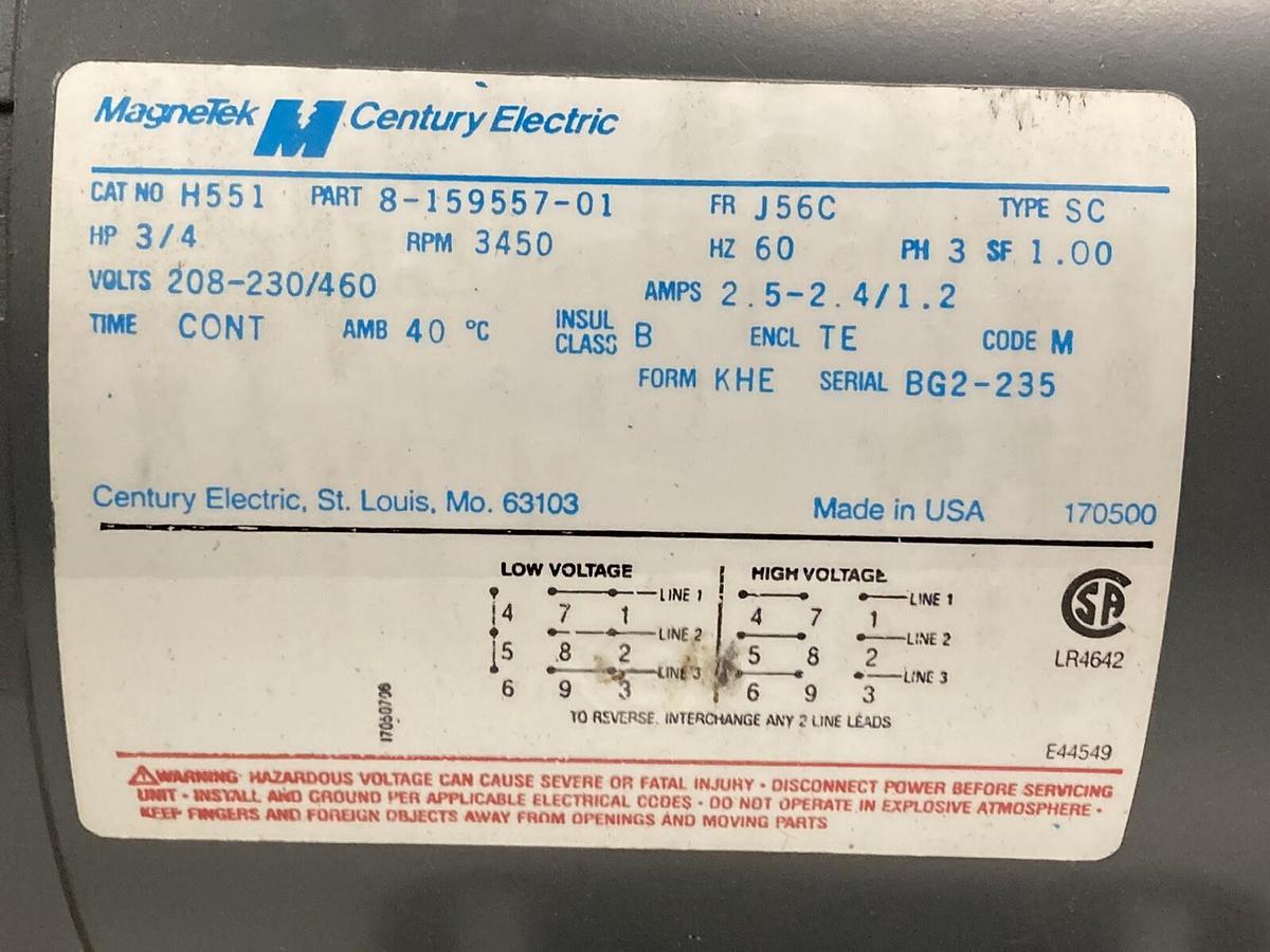 Magnetek,8-159557-01,3/4 Hp AC Motor 3450 RPM 208-230/460 Volts J56C Frame
