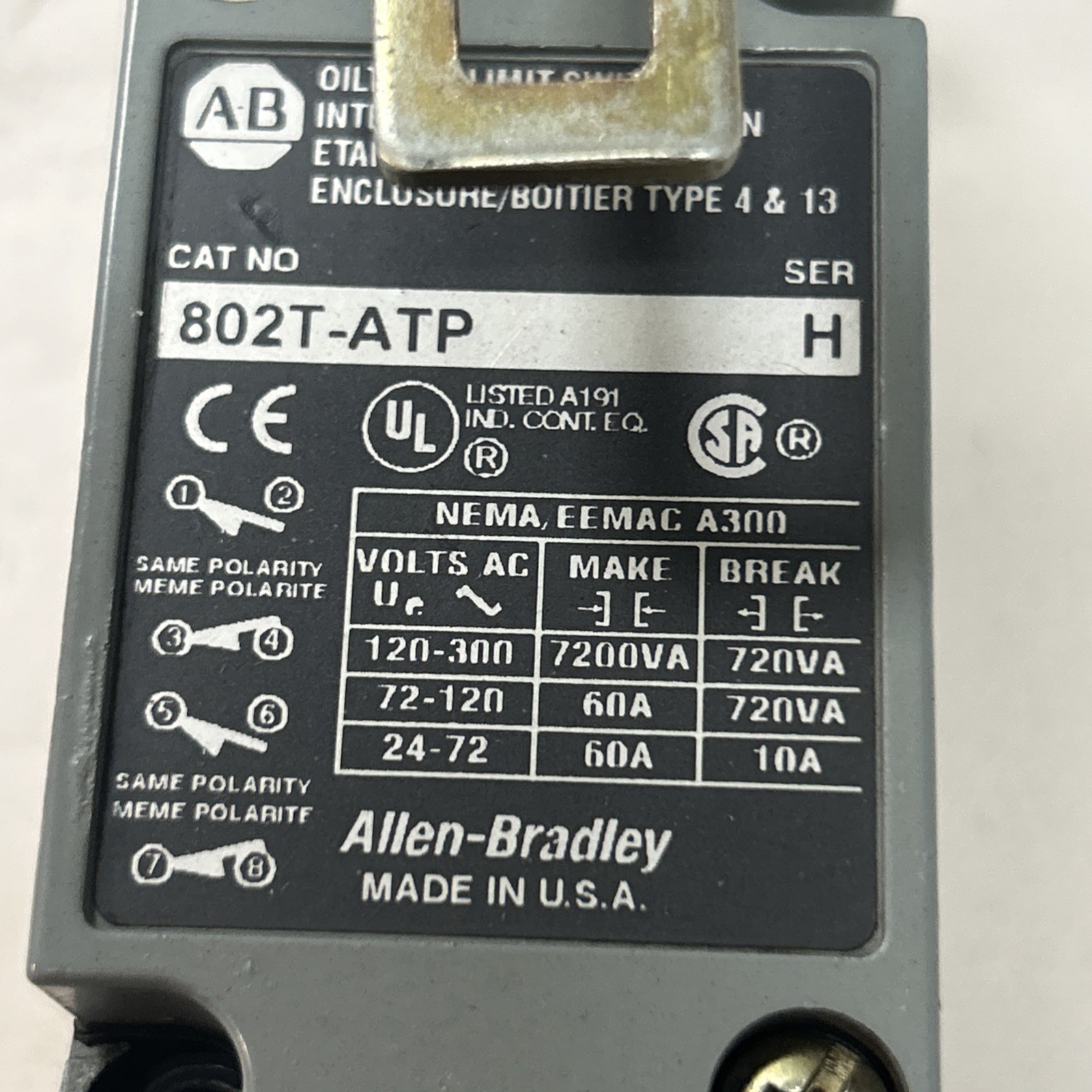 Used ALLEN BRADLEY,802T-ATP,OILTIGHT LIMIT SWITCH