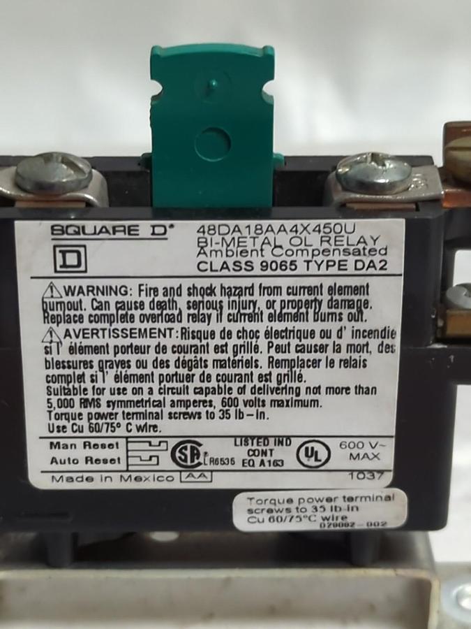 Used SQUARE D,48DA18AA4X450U,BI-METAL OVERLOAD RELAY PRE-OWNED