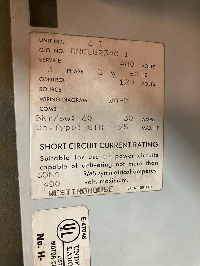 Used Cutler Hammer,Size 2,24 INCH MCC Reversing Starter Feeder Bucket 480V 60Hz