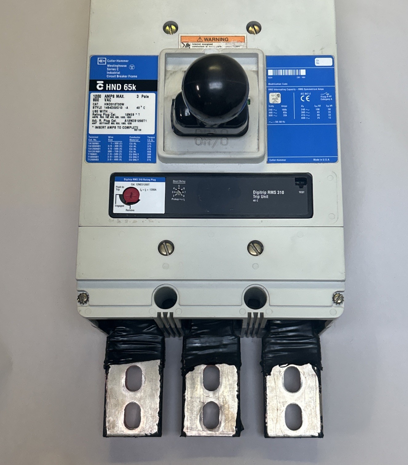 Used CUTLER-HAMMER,HND312T33W,CIRCUIT BREAKER 1200A 600V 3P