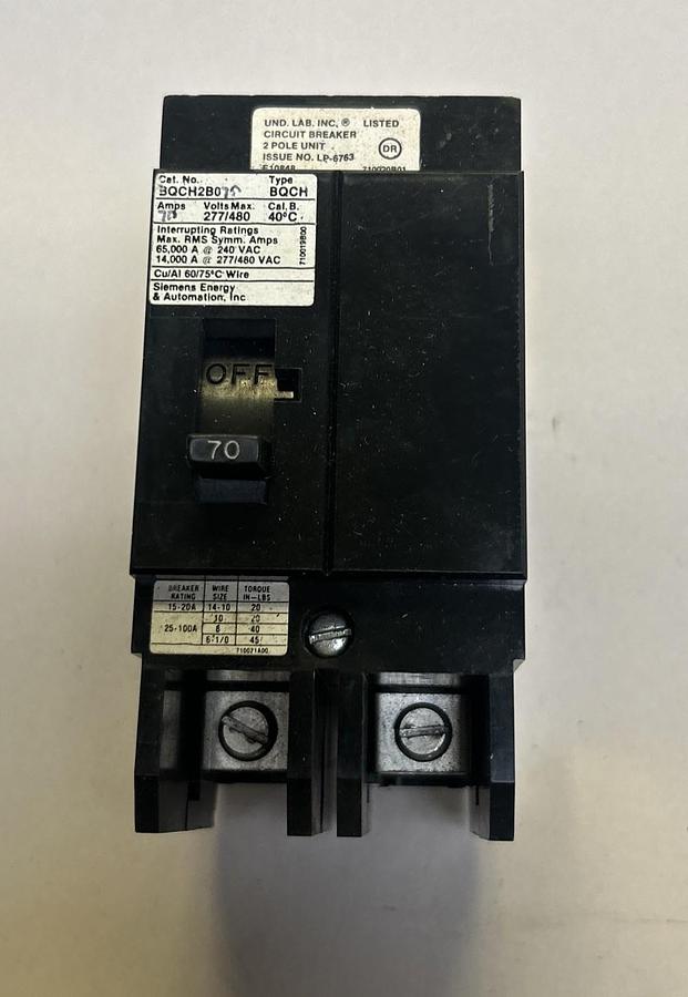 Used SIEMENS,BQCH2B070,CIRCUIT BREAKER 70A 480V 2P