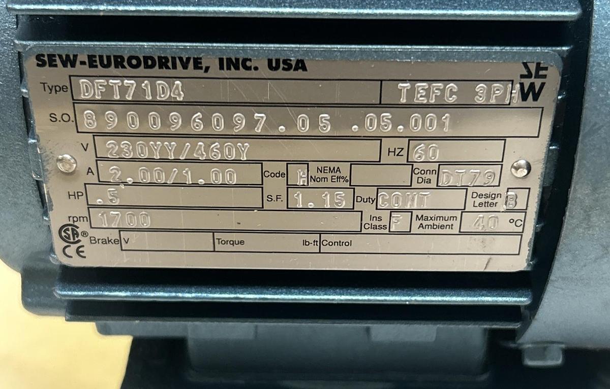 SEW EURODRIVE,DFT71D4,GEAR MOTOR 0.5HP 1700RPM 2 / 1AMP 3 PHASE 230/460V NOS