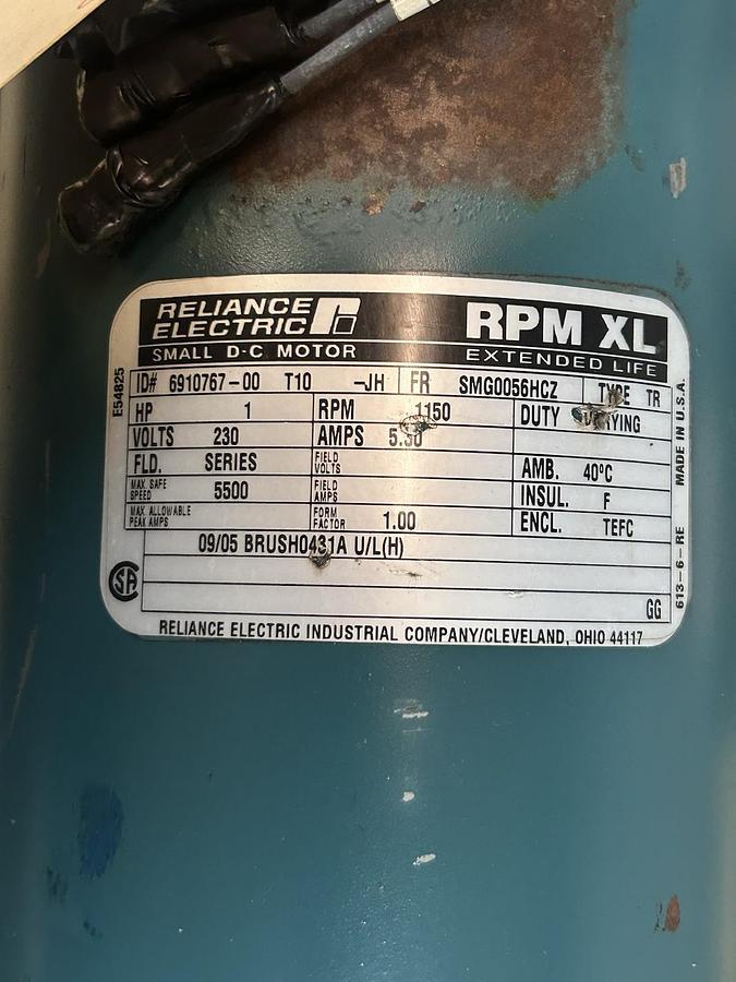 Used RELIANCE,6910767-00,DC MOTOR 1HP 230V 1150RPM SMG0056HCZ FRAME