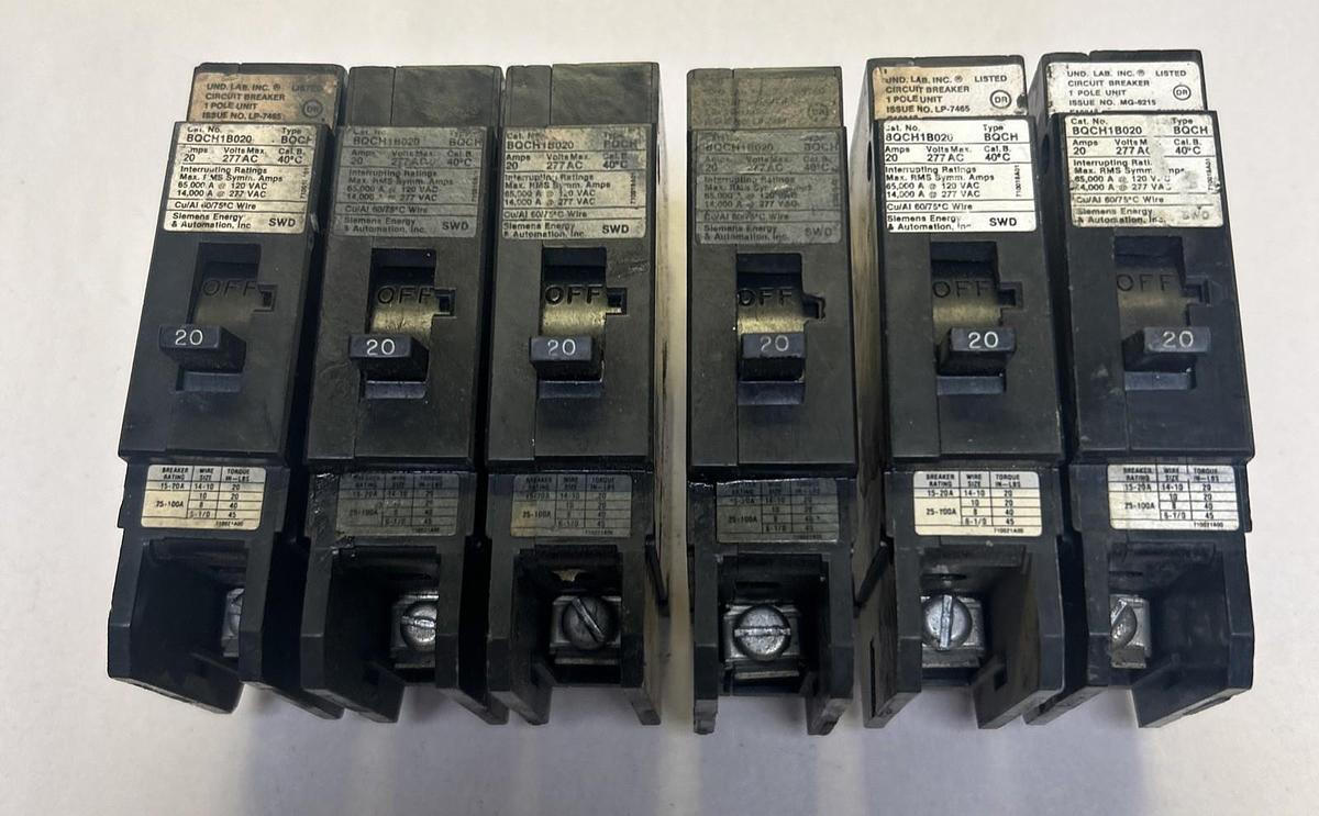 Used SIEMENS,BQCH1B020,CIRCUIT BREAKER 20A 277V 1P LOT OF 6