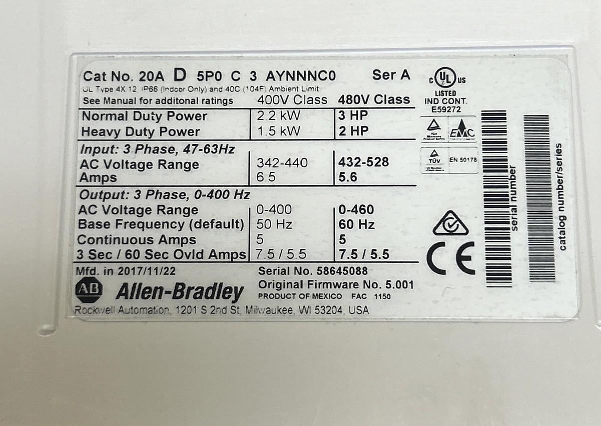 ALLEN BRADLEY,20AD5P0C3AYNNNC0,POWERFLEX 70 AC DRIVE VFD 3HP 480V NEW