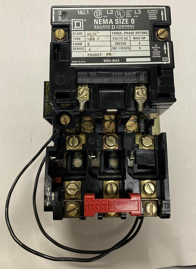 Used Square D,8536SB02,Motor Starter 3-Pole 120V Coil 5Hp Size 0 Ser A