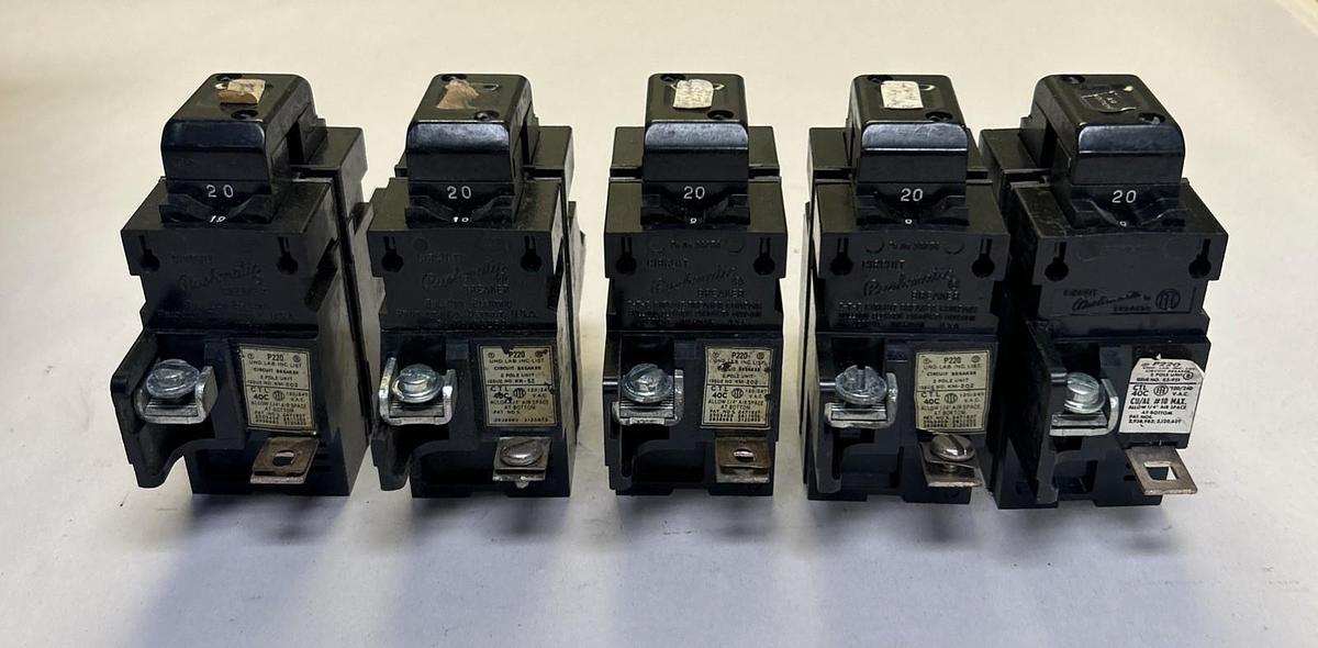 Used BULLDOG ELECTRIC,P220,PUSHMATIC CIRCUIT BREAKER 20A 120/240V 2P LOT OF 5
