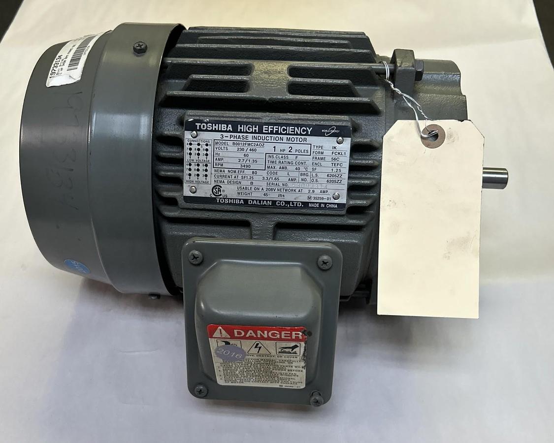 Used TOSHIBA,B0012FMC2AOZ,MOTOR 1HP 3490RPM 230/460V 3PH 56C FRAME