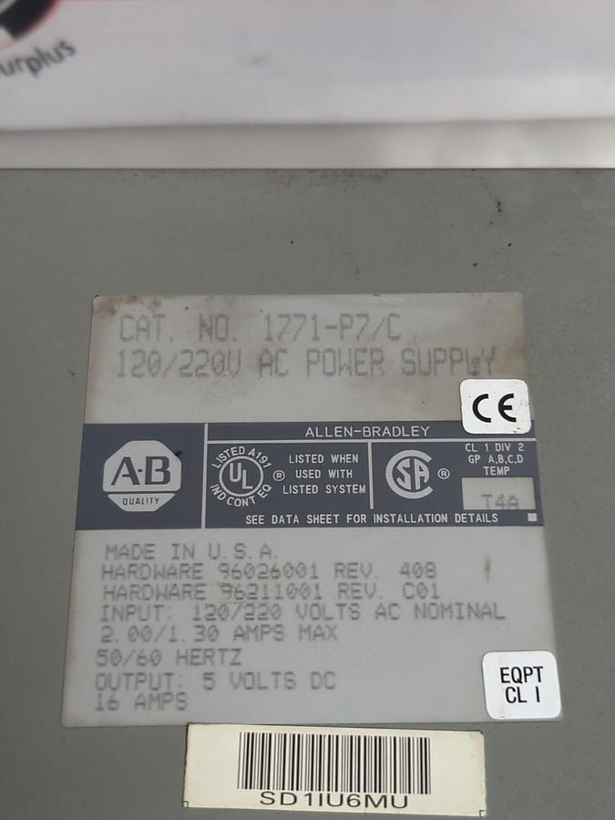 Used ALLEN BRADLEY,1771-P7/C,POWER SUPPLY 120/220V PRE-OWNED