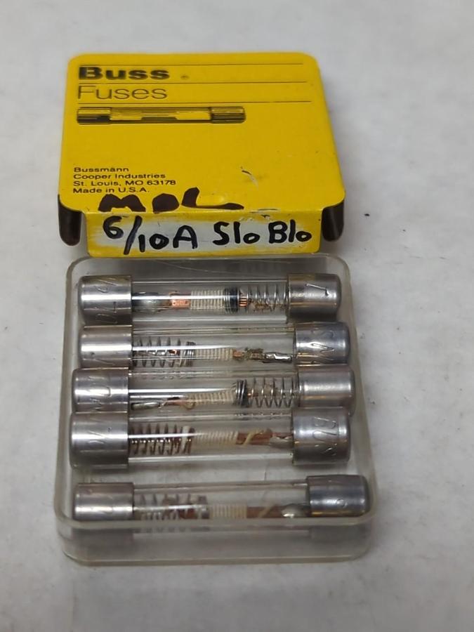 COOPER BUSSMANN,MDL-6/10A,GLASS SLO-BLO 6/10 AMP FUSES PACK OF 5 NOS
