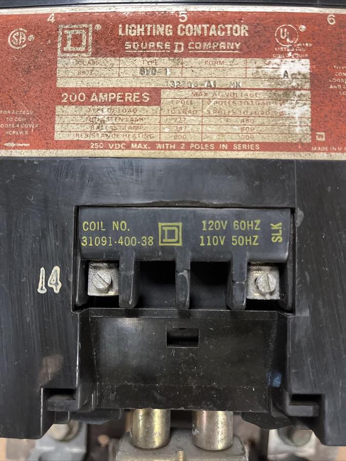 Used SQUARE D,8903-SVO11,LIGHTING CONTACTOR 200A 600V COIL 120V